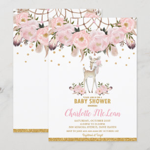 Hjort Blommigt Dream Catcher Baby Shower Boho Girl Inbjudningar