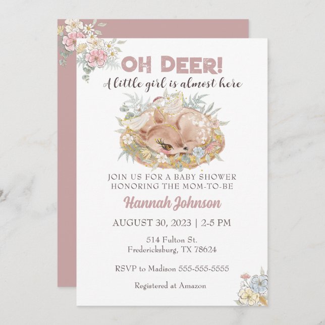 Hjort Blommigt Fall Flicka Baby Shower Inbjudningar (Fram/baksida)