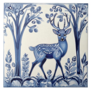 Hjort Blue and White Woodland FolAnimal Art Kakelplatta