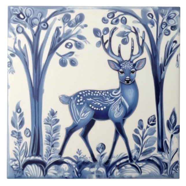 Hjort Blue and White Woodland FolAnimal Art Kakelplatta (Framsidan)