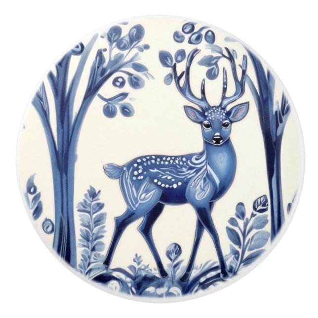 Hjort Blue and White Woodland FolAnimal Art Knopp (Framsidan)