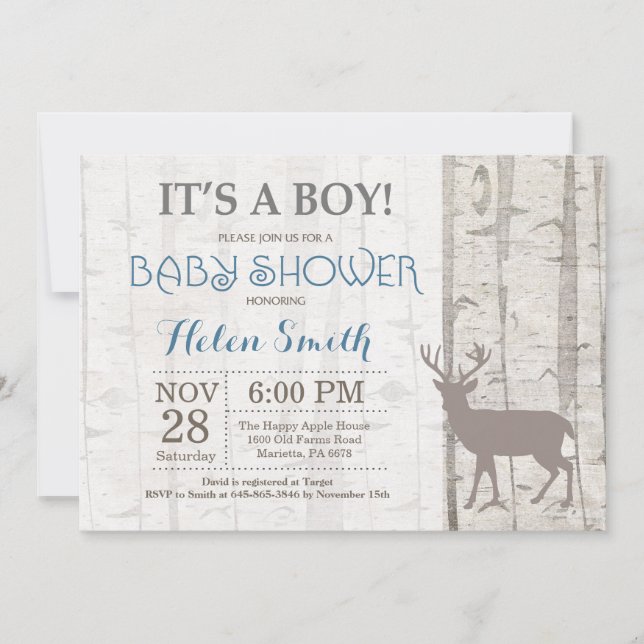 Hjort Boy Baby Shower-inbjudan Rustic Woodland Inbjudningar (Framsida)