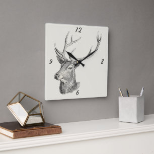 Hjort Buck Head med Antlers Black and White Art Ar Fyrkantig Klocka