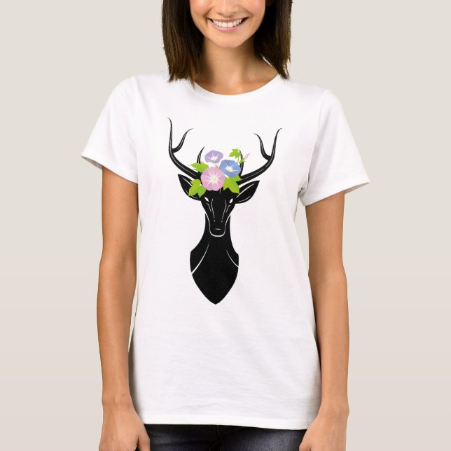 Hjort Buck Silhouette Morgonblommor Djur T Shirt (Framsida)