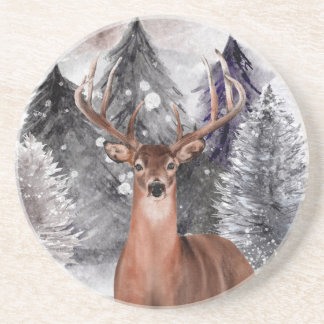 Hjort Buck Watercolor Winter Forest Stone Underläg Underlägg