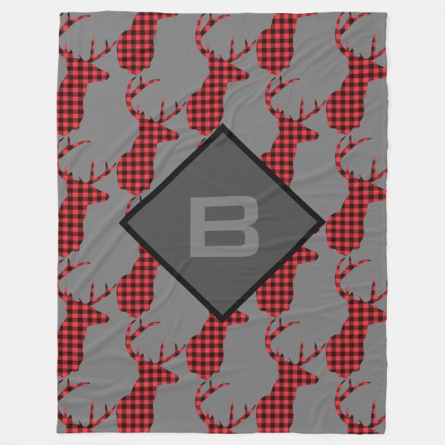 Hjort chef Antlers Mönster Buffalo Plaid Monogram Fleecefilt (Framsidan)