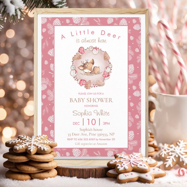 Hjort Cone Baby Shower på julvintern Rosa Gräs Con Inbjudningar (Christmas Winter Pink Deer Pine Cone Baby Shower Invitation)