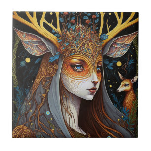 Hjort Dam Fantasy Art Kakelplatta
