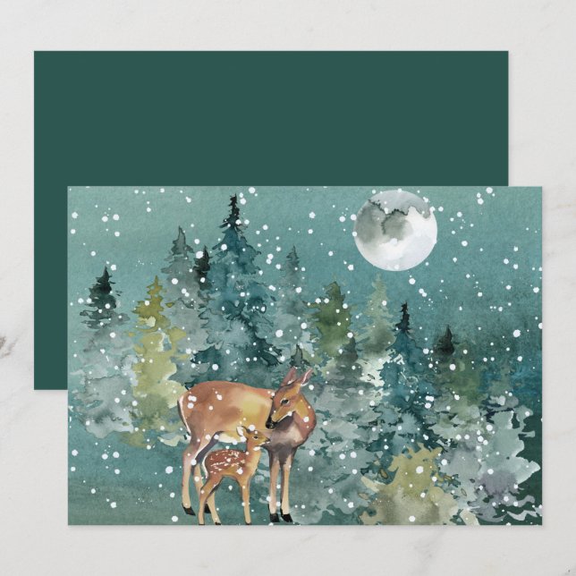 Hjort Doe Fawn Forest Full Moon Snowfall Watercolo Julkort (Fram/baksida)