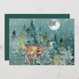 Hjort Doe Fawn Forest Full Moon Snowfall Watercolo Julkort