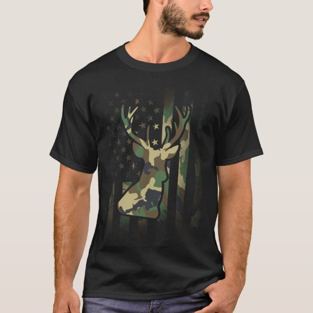 Hjort Elk Gift Camo American Flagga USA Militär T Shirt (Framsida)