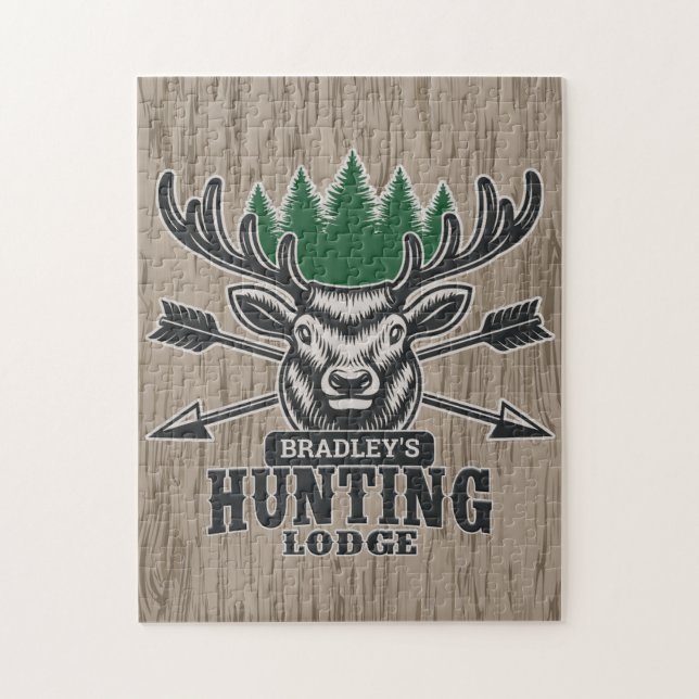Hjort Elk Hunter ADD NAMN Bow Hunting Lodge Cabin Pussel (Vertikal)