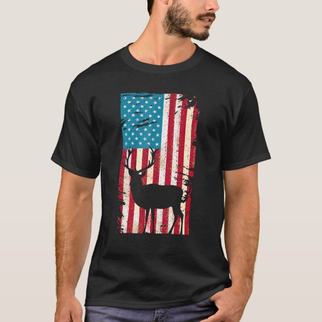 Hjort Elk Hunting Patriotic American Flagga 4th of T Shirt (Framsida)