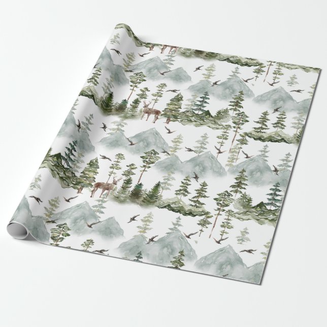 Hjort Evergreen Forest Wrapping Papper Presentpapper (Utrullad)