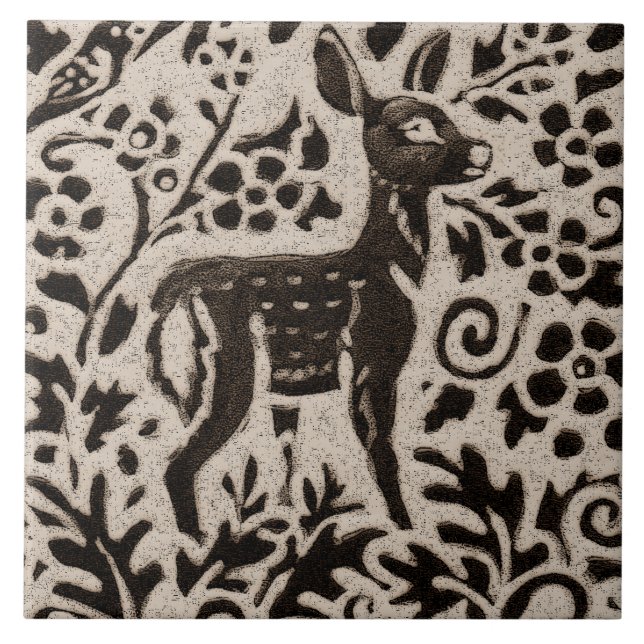 Hjort Fawn Batik Stoneware Woodland Animal Tan Grå Kakelplatta (Framsidan)