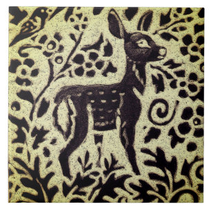 Hjort Fawn Grått Grönt Stoneware Foliage Woodlan Kakelplatta