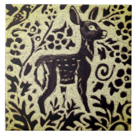 Hjort Fawn Grått Grönt Stoneware Foliage Woodland Kakelplatta