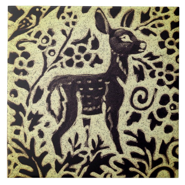Hjort Fawn Grått Grönt Stoneware Foliage Woodland Kakelplatta (Framsidan)