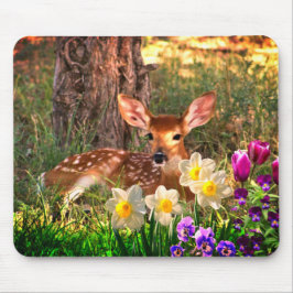 Hjort Fawn in Forest with Tulips Mousepad Musmatta