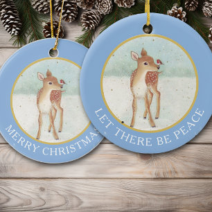 Hjort Fawn och Bird Vintage bild Julgransprydnad Keramik