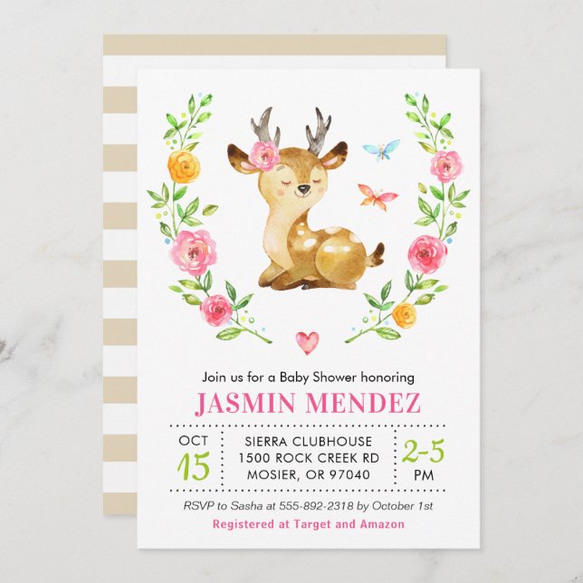 Hjort Flicka Shower Rosa Sprinkle Cute Blommigt Inbjudningar (Fram/baksida)