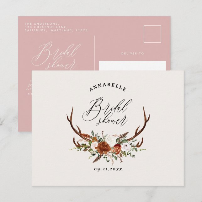 Hjort flickaktig rosa rost blomster elegant bröllo vykort (Fram/baksida)