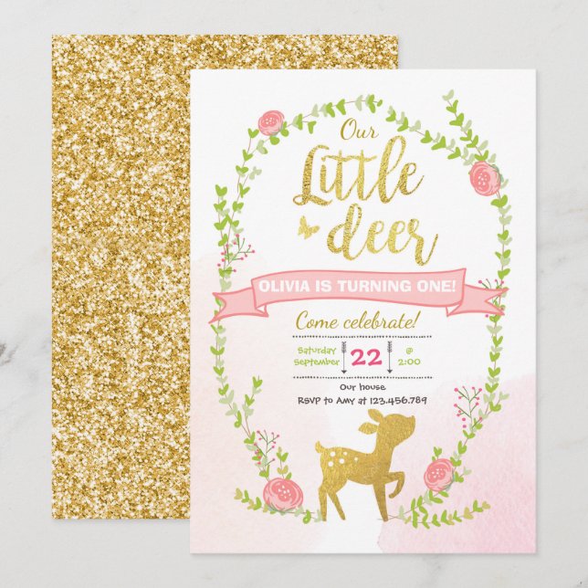 Hjort födelsedag inbjudan Girl Rosa Guld Woodland  (Fram/baksida)