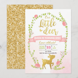 Hjort födelsedag inbjudan Girl Rosa Guld Woodland 
