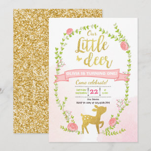 Hjort födelsedag inbjudan Girl Rosa Guld Woodland 