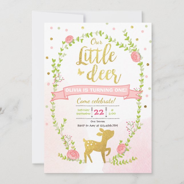 Hjort födelsedag inbjudan Girl Rosa Guld Woodland  (Framsida)