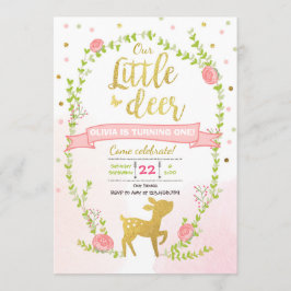 Hjort födelsedag inbjudan Girl Rosa Guld Woodland 