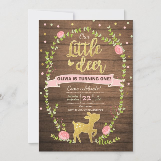Hjort födelsedag inbjudan Girl Rosa Guld Woodland  (Framsida)