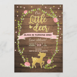 Hjort födelsedag inbjudan Girl Rosa Guld Woodland 