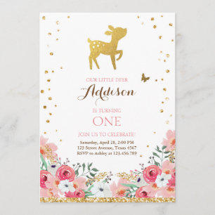 Hjort födelsedag inbjudan Woodland Guld Rosa Blomm