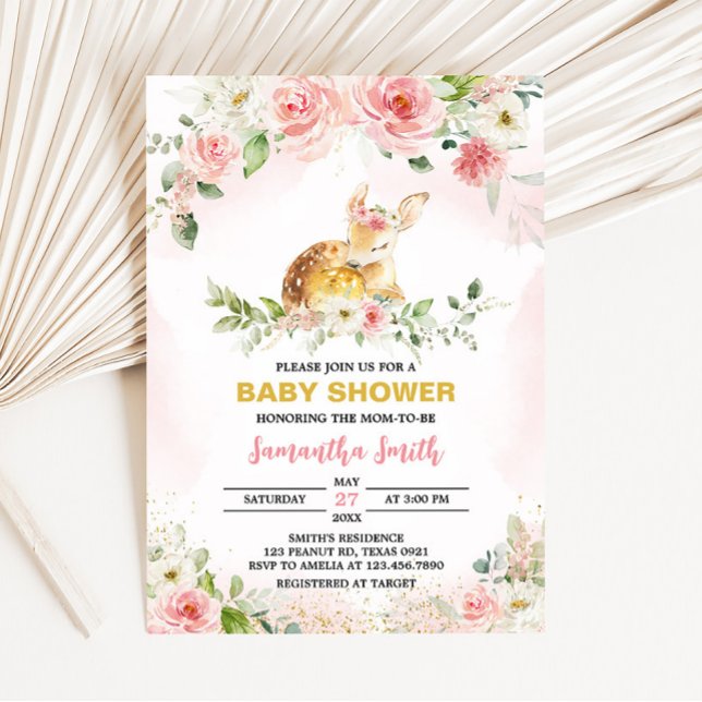 Hjort för babykläder för rosa Blommigt  Inbjudningar (Girl Floral Deer Baby Shower Invitation)