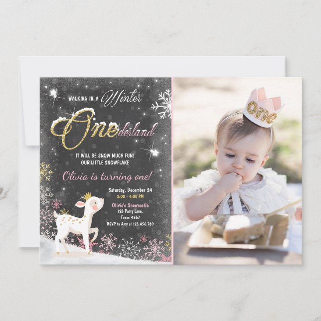 Hjort för inbjudan för vinterOnederland födelsedag (Framsida)