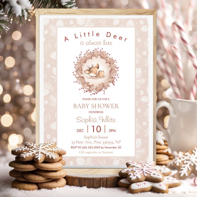 Hjort för Neutralt av julvinter Beige Baby Shower Inbjudningar (Christmas Winter Neutral Beige Baby Shower Deer Invitation)