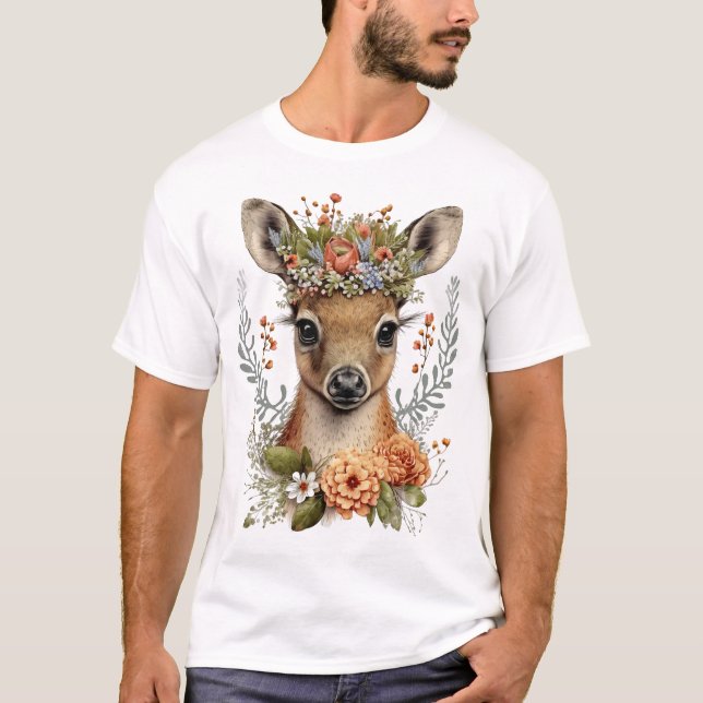 Hjort för vattenfärgsfärgad Blommigt Cute T Shirt (Framsida)