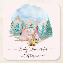 Hjort Forest Animals föder Rustic Rosa Baby Shower Underlägg Papper Kvadrat