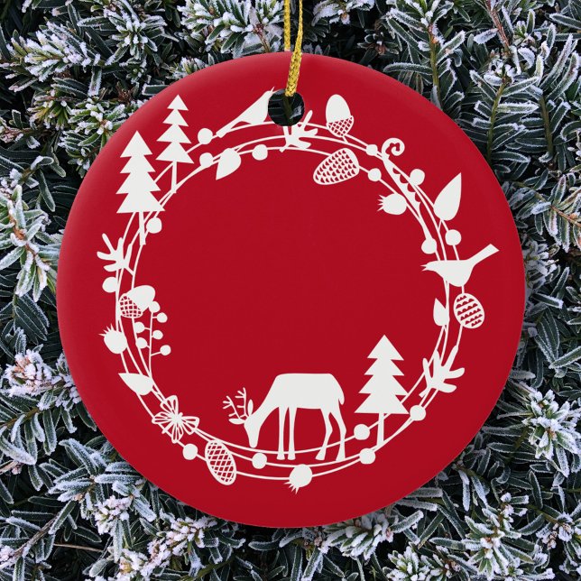 Hjort Forest Wandeans Julgransprydnad Keramik (Scandinavian red and white forest wreath ornament)