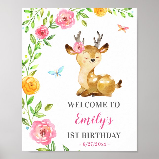 Hjort Girl First Birthday Colorful Animal Welcome Poster (Framsidan)
