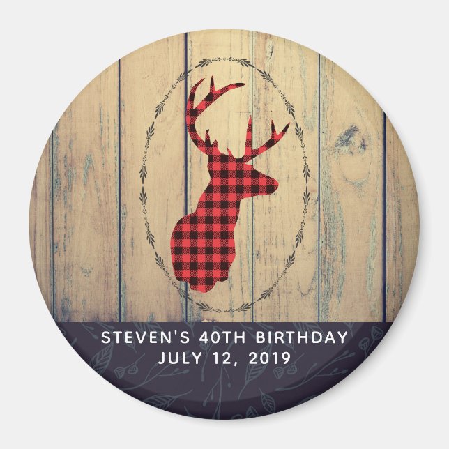 Hjort Head med Antlers på Faux Wood Birthday Magnet (Framsidan)