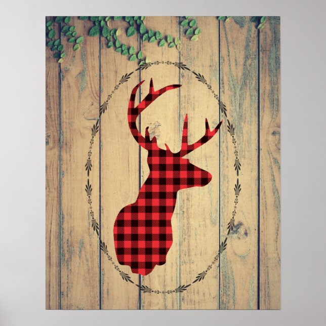 Hjort Head med Antlers på Wood Planks with Löv Poster (Framsidan)