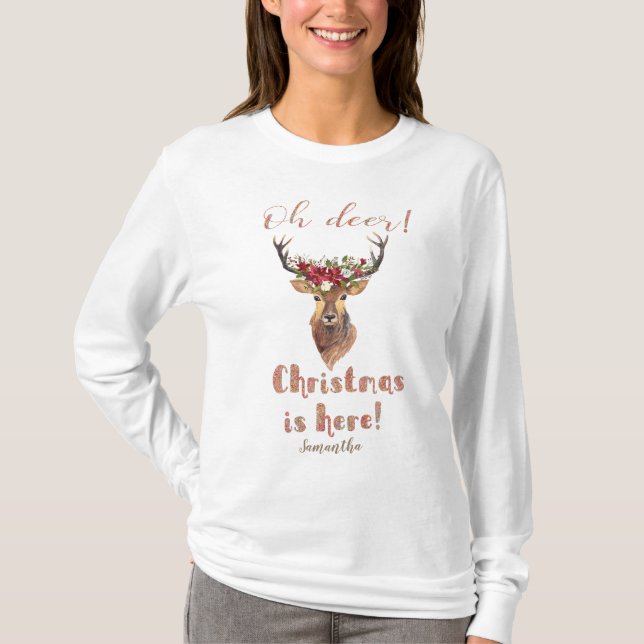 Hjort Head Poinsettia "Oh Hjort jul is here" T-shirt (Framsida)