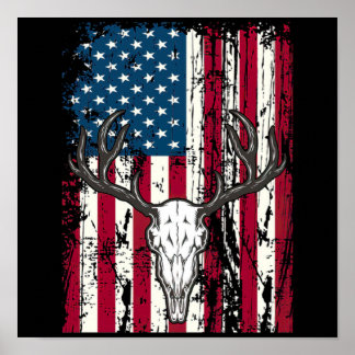 Hjort Head Skull Hunting American Flagga Poster