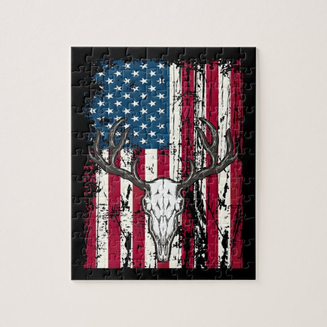 Hjort Head Skull Hunting American Flagga Pussel (Vertikal)