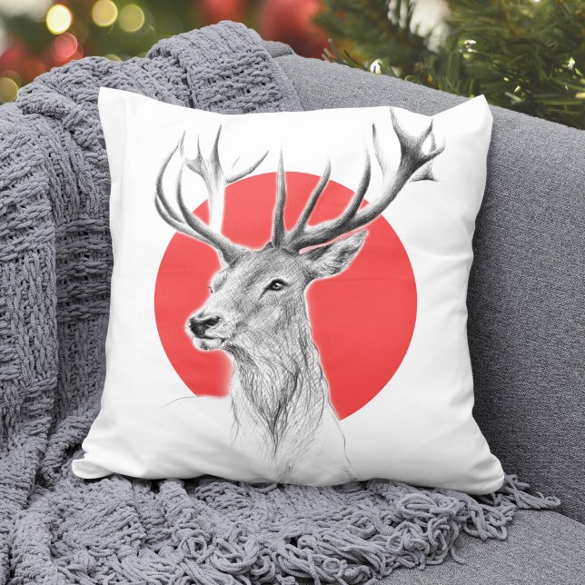 Hjort head Stag teckning Red Circ Kudde (Skapare uppladdad)