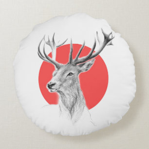 Hjort head Stag teckning Red Circ Rund Kudde