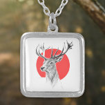 Hjort head Stag teckning Red Circ Silverpläterat Halsband<br><div class="desc">Hjort head teckning och röd cirkel i bakgrunden. Grafitpennskiss med digitalt färg. Konstnärlig och elegant gåva till djur älskare. ・ Du kan anpassa den - ändra storlek på/rotera bild, lägga till text med mera eller överföra den till en annan produkt:) ・ ・ Jag skulle vara lycklig för att se ett...</div>