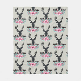 Hjort Head w/ Rosa Flowers & Mountain Mönster Fleecefilt